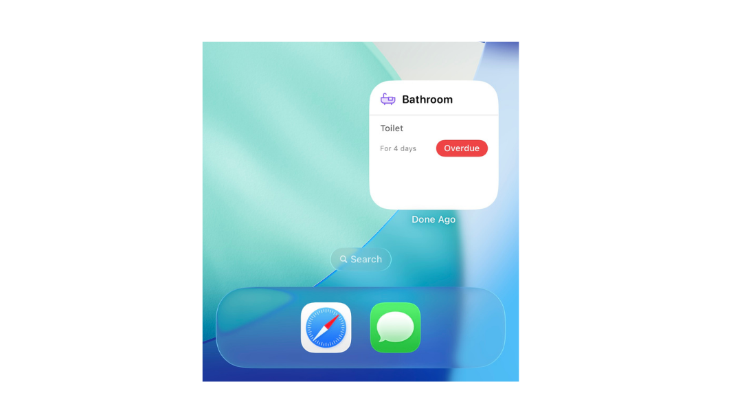 DoneAgo widget on home screen showing a chore card with an overdue state