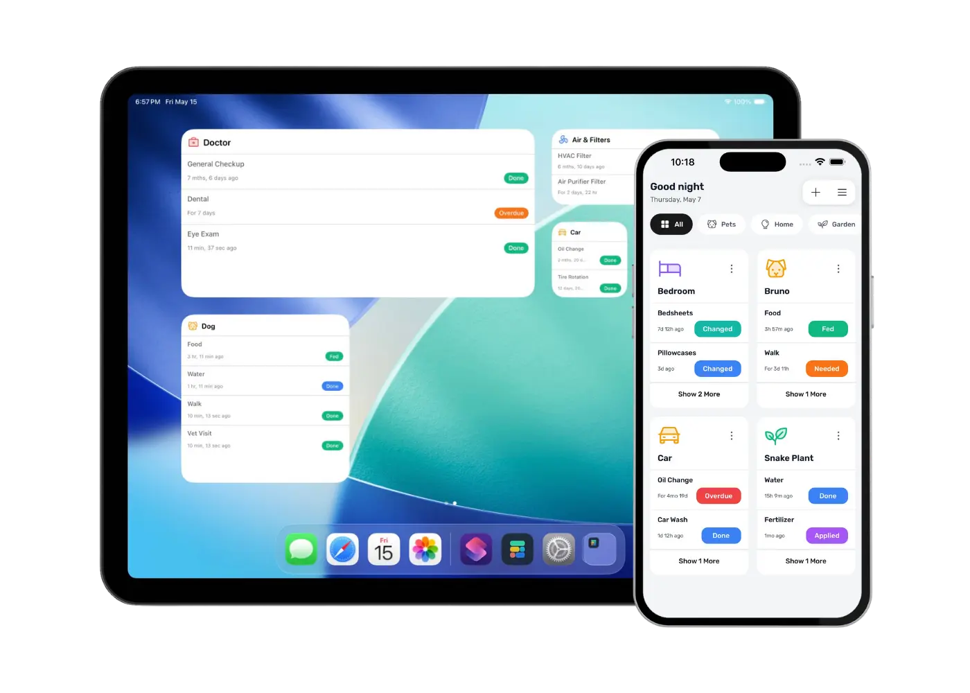 DoneAgo app running on iPhone and iPad showing state trackers